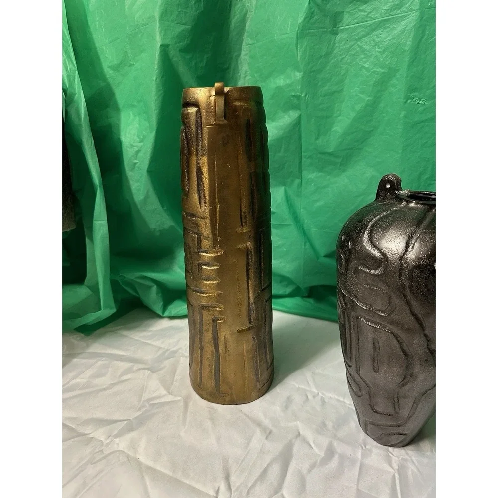 Set of 2‎ Modern Textured Ceramic Vases Gold & Black Abstract Decor 15